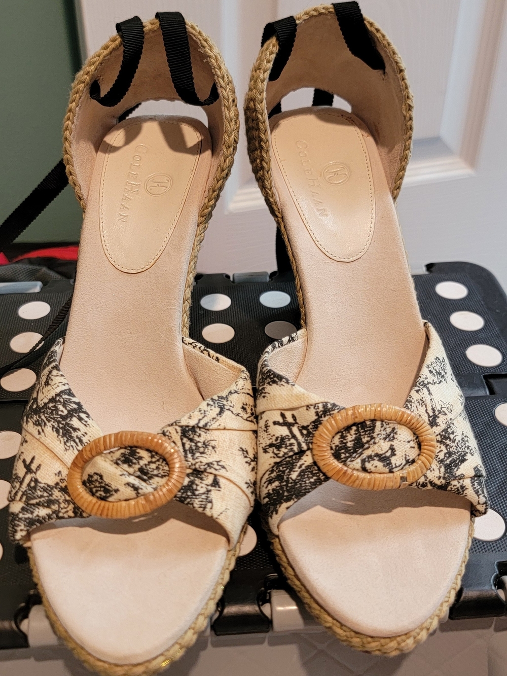 Cole Haan Black & Cream Espadrille Wedges with Woven Ring Detail
